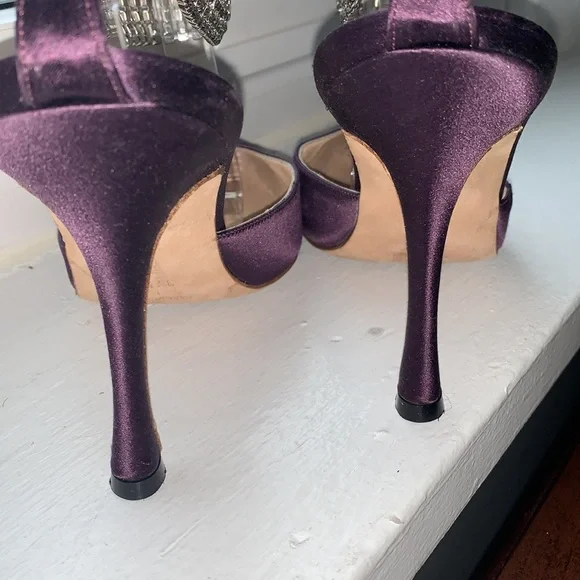 Manolo Blahnik Purple Satin Pointy Toe Heels with Rhinestone Ankle Strap, 37.5 - Picture 5 of 13
